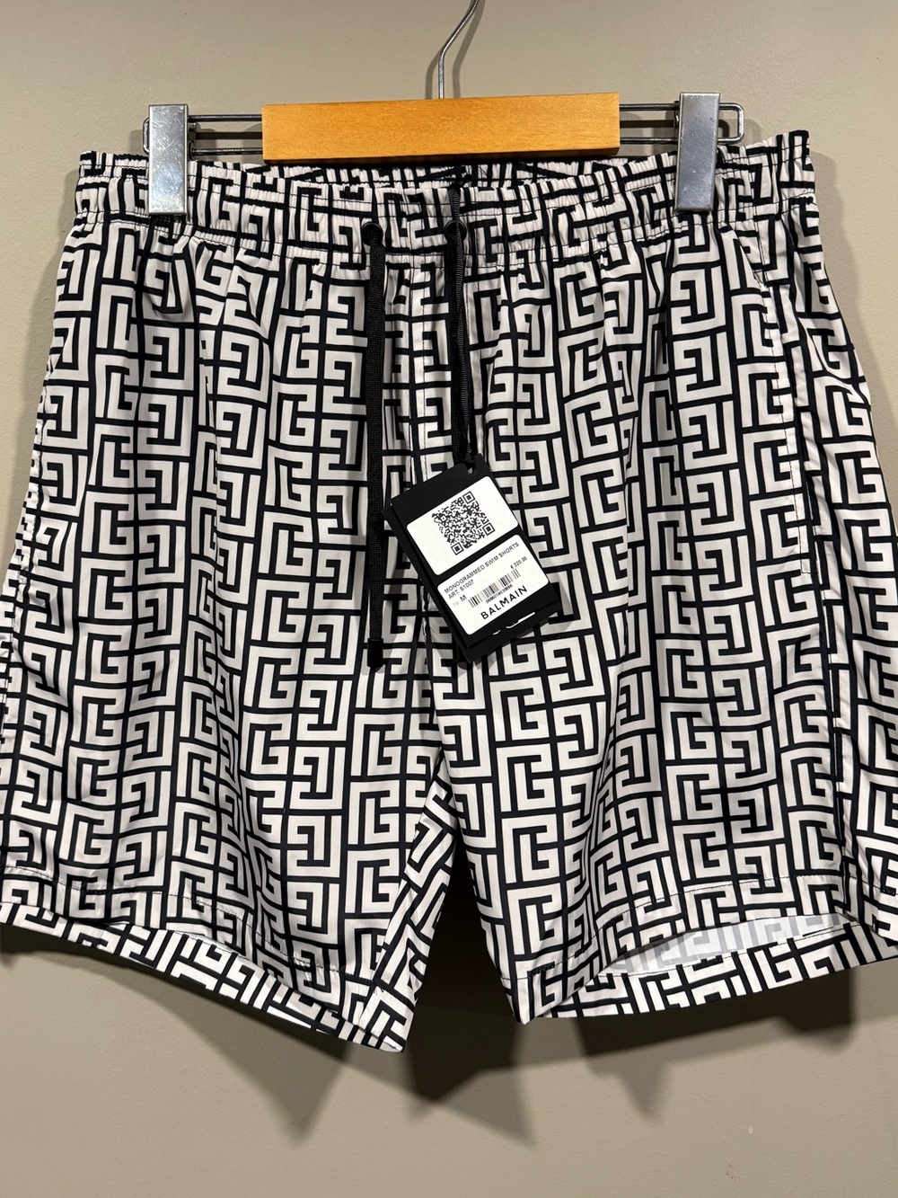 Balmain PB Labyrinth Mens Black & White Geometric monogram Swim Shorts